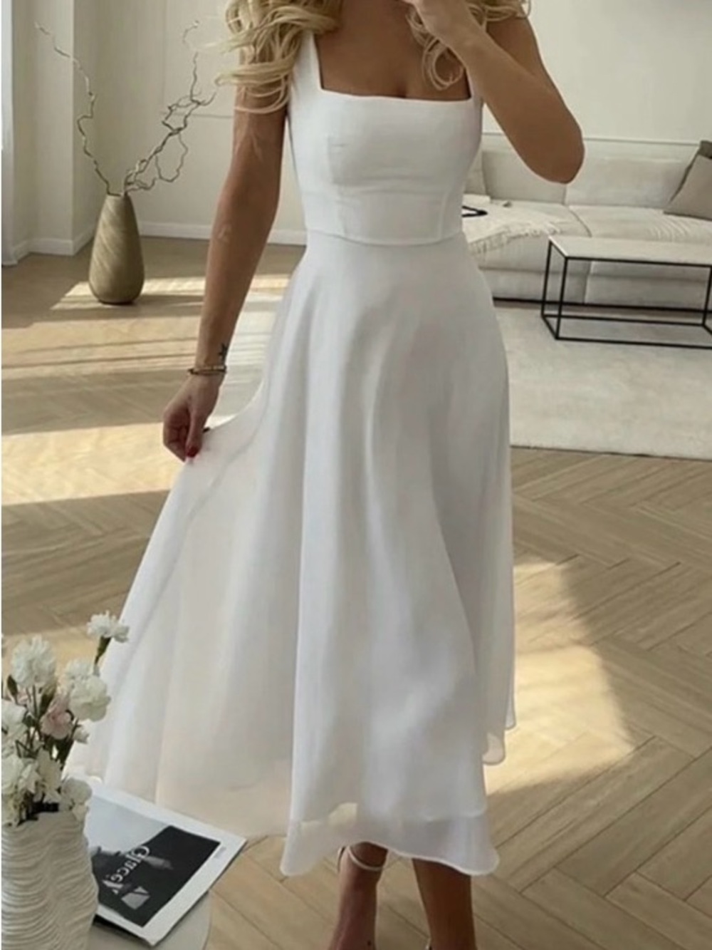 Commense White Square-Neck Midi Dress